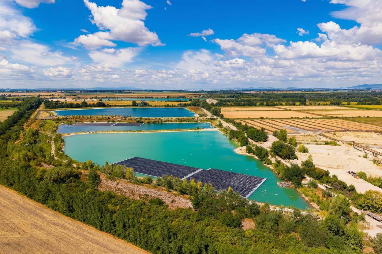 Planta solar flotante FPV sobre embalse — vista aérea